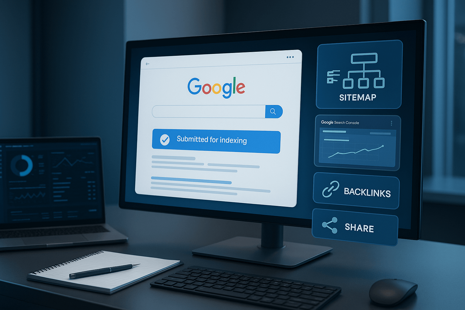 Profesional revisando la indexación de un sitio web en Google desde una oficina moderna con pantallas de análisis SEO