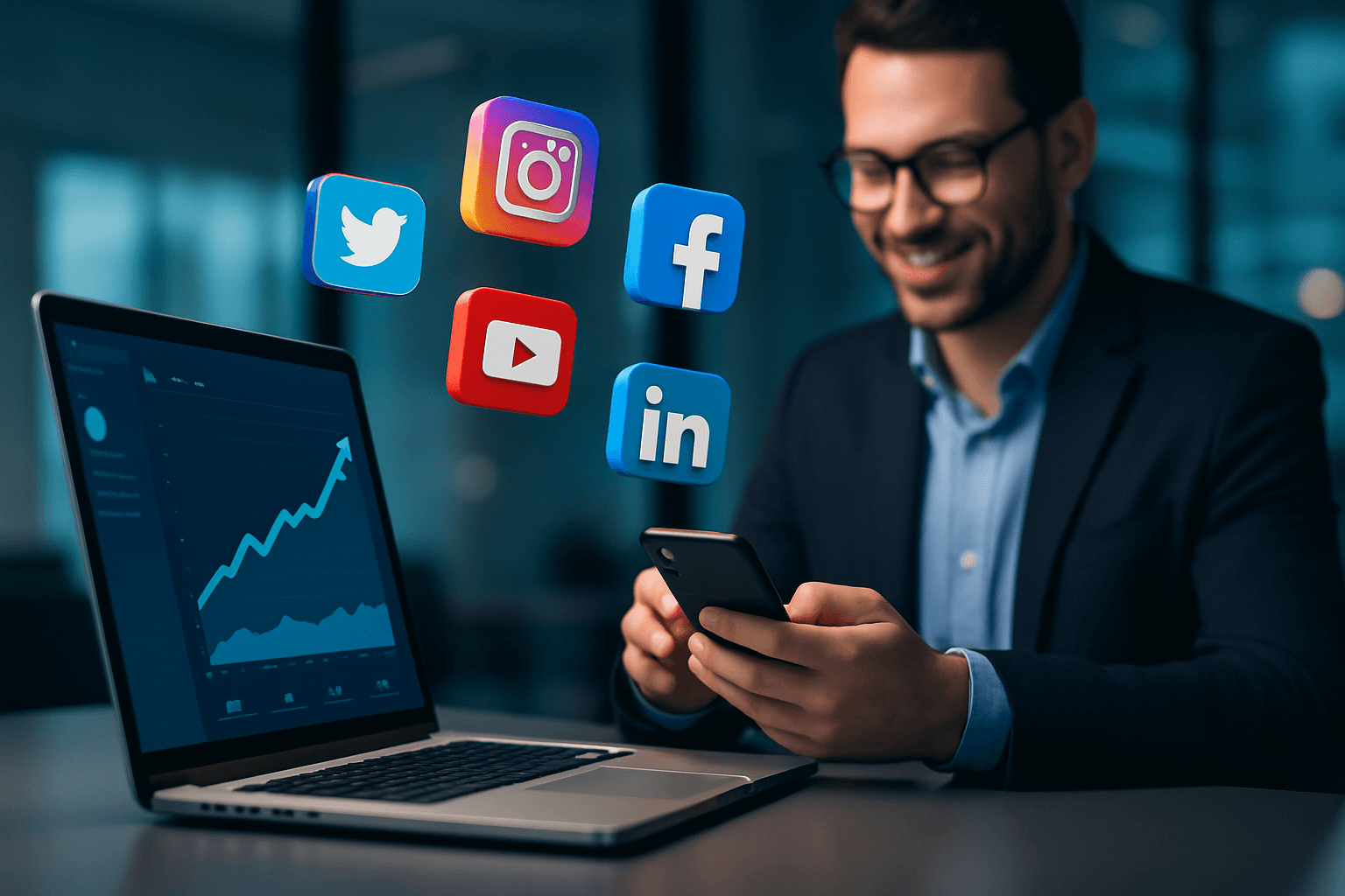 Profesional analizando estadísticas de redes sociales para aumentar tráfico web en entorno corporativo moderno